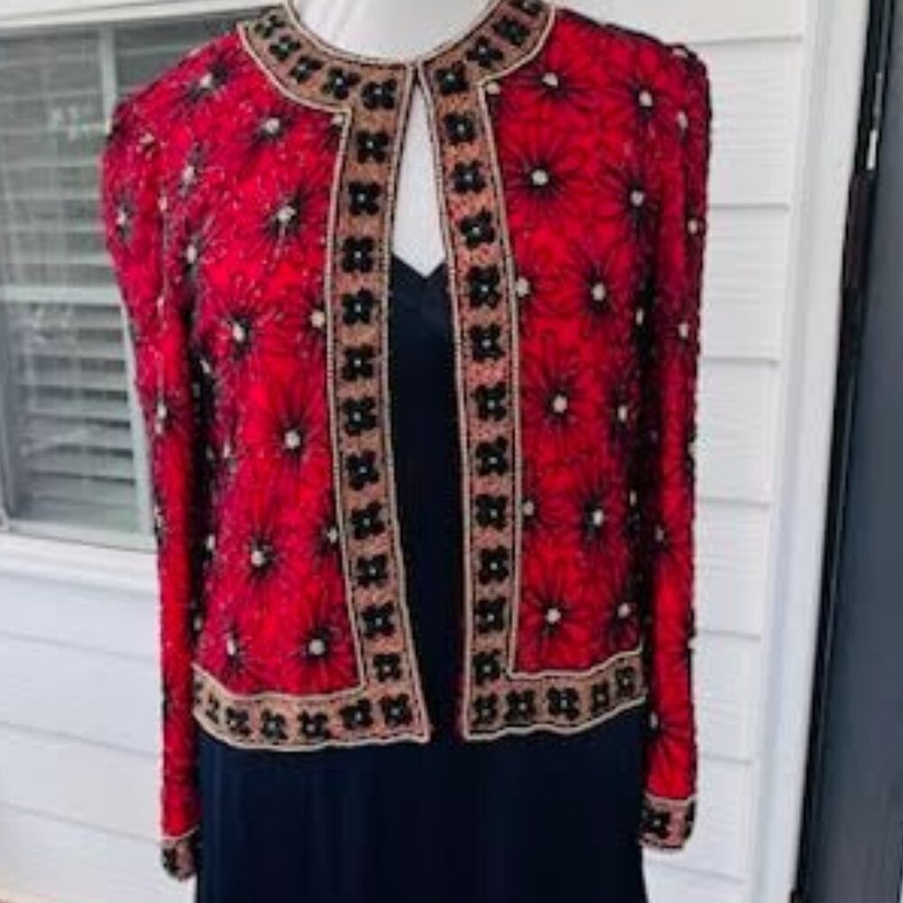 Papell Boutique Evening Sparkling Silk Beaded Jacket Snap closure Size Medium M